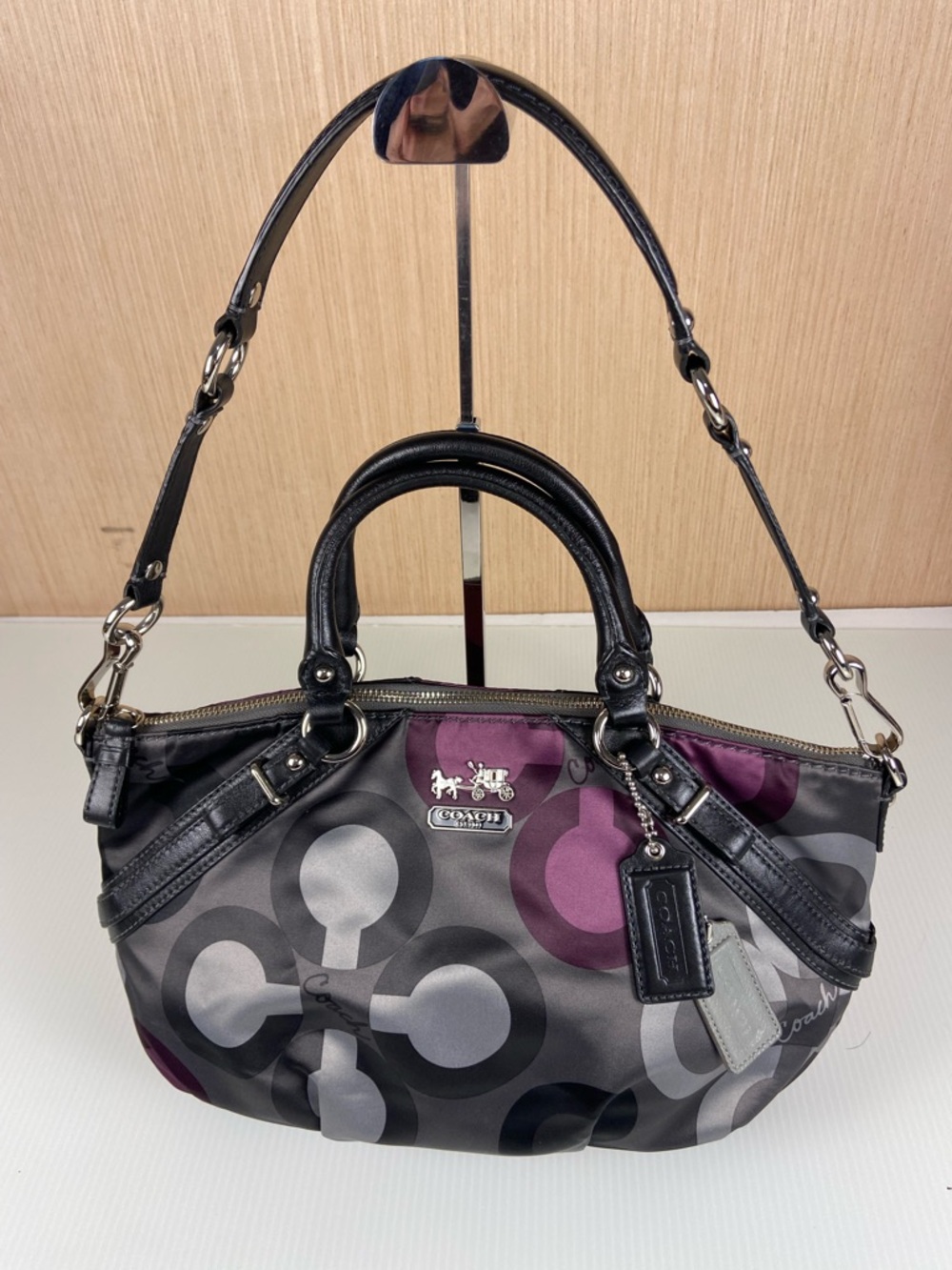 Coach Op Art Clover Satchel Gray Plum Shoulder Bag Year 2010 (#15946) EUC